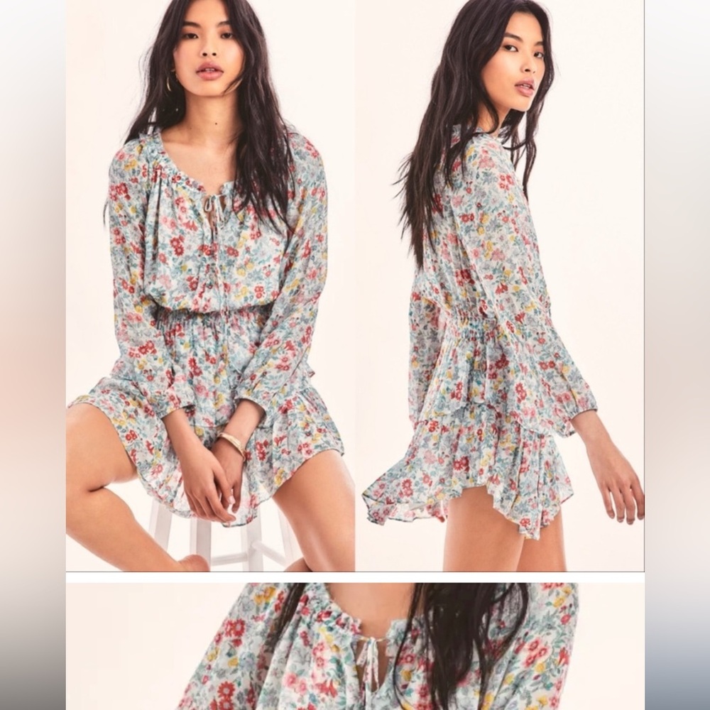 LoveShackFancy Popover Mini Dress Ibiza Blue Floral Scoop Neck Long Sleeve XL